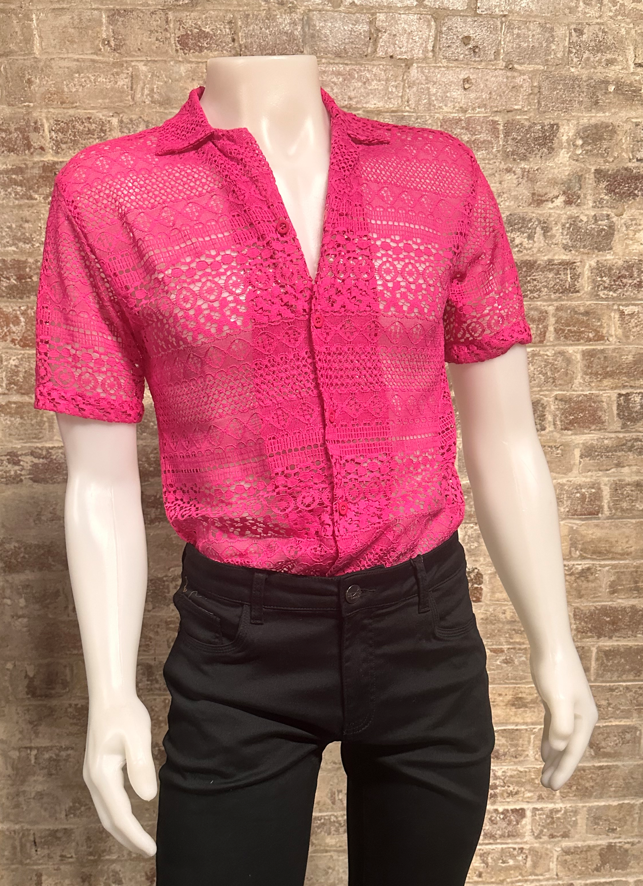 Nontouch Short Sleeve Lace Shirt Fuschia