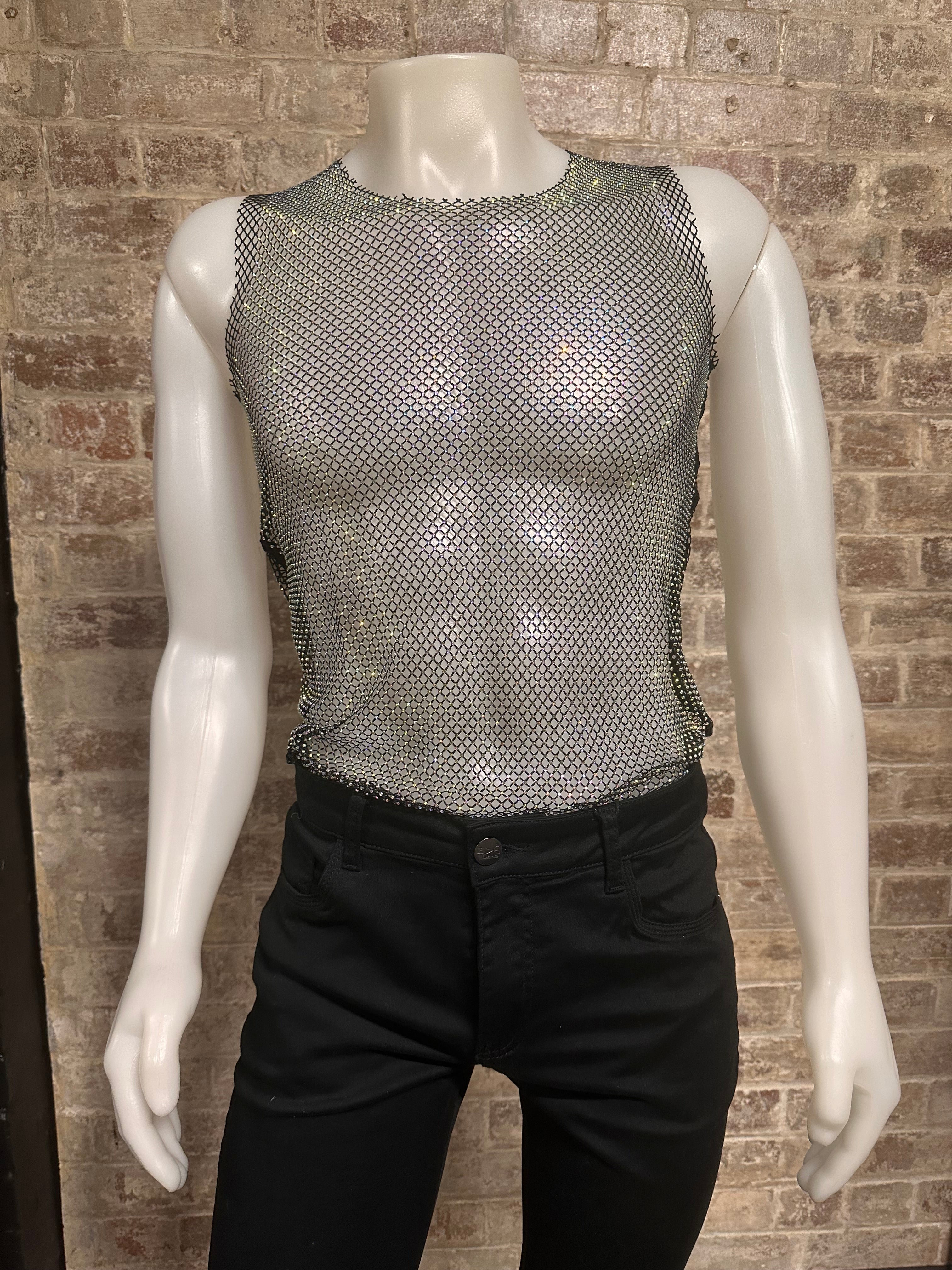 Crystal Rhinestone Mesh Sleeveless Tank Top