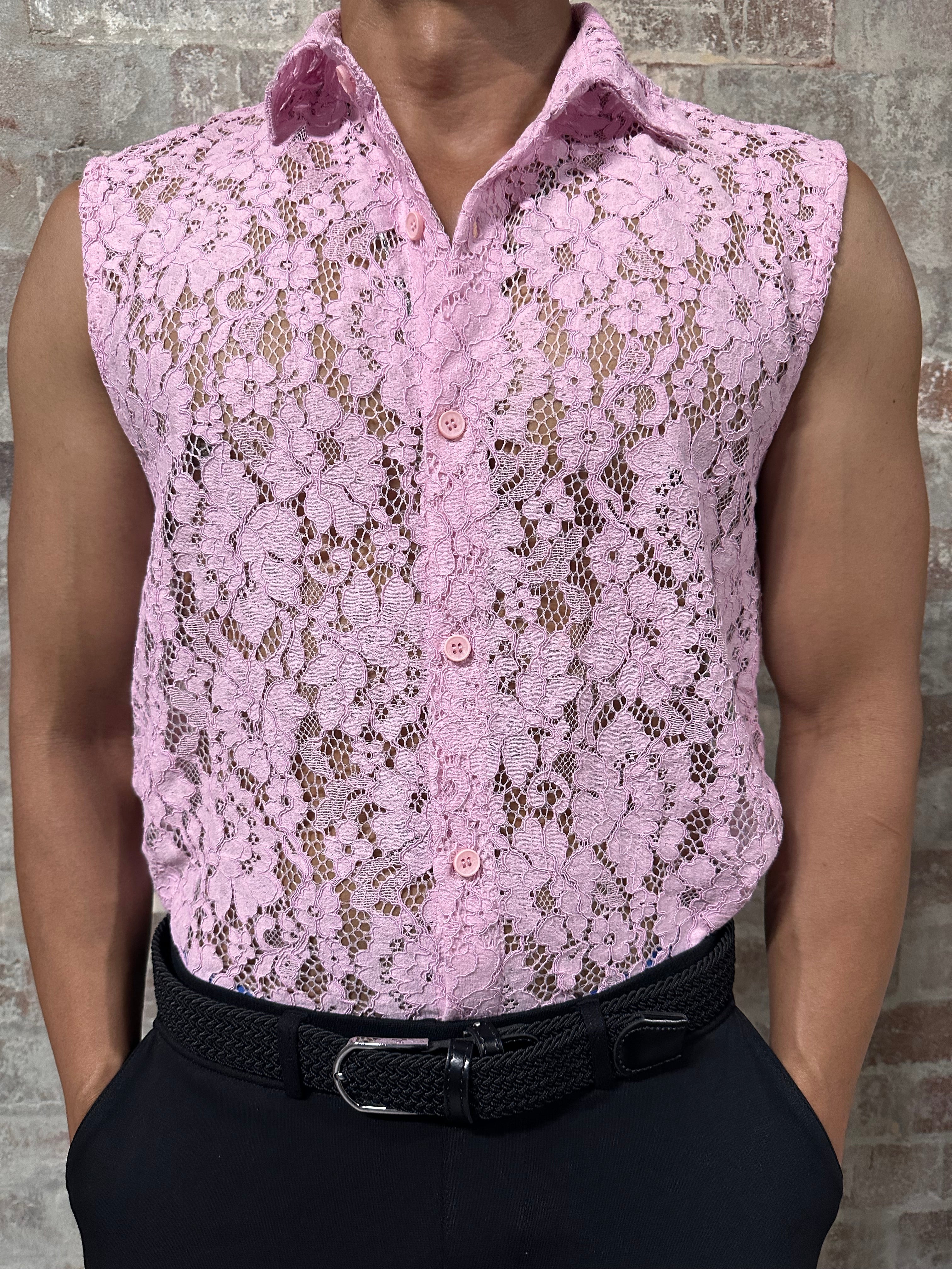 Sleeveless lace shiirt Baby Pink Front
