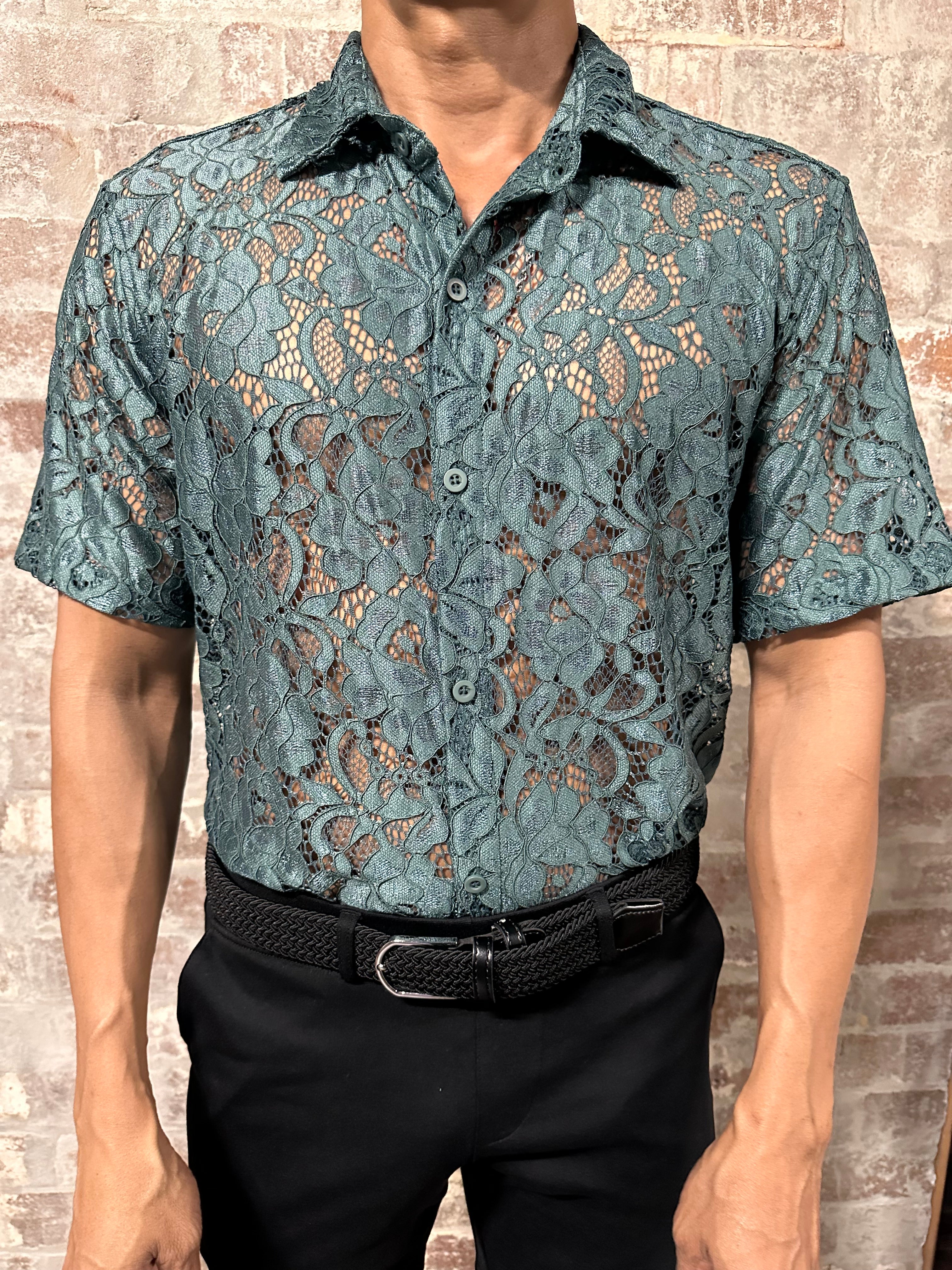 Christopher Daniels Short Sleeve Lace Shirt Emerald Green