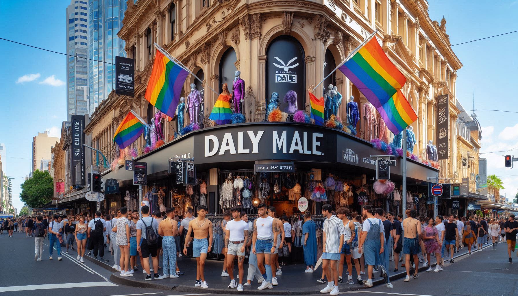 Daly Male store with people gathered outside on a city street, featuring rainbow flags.