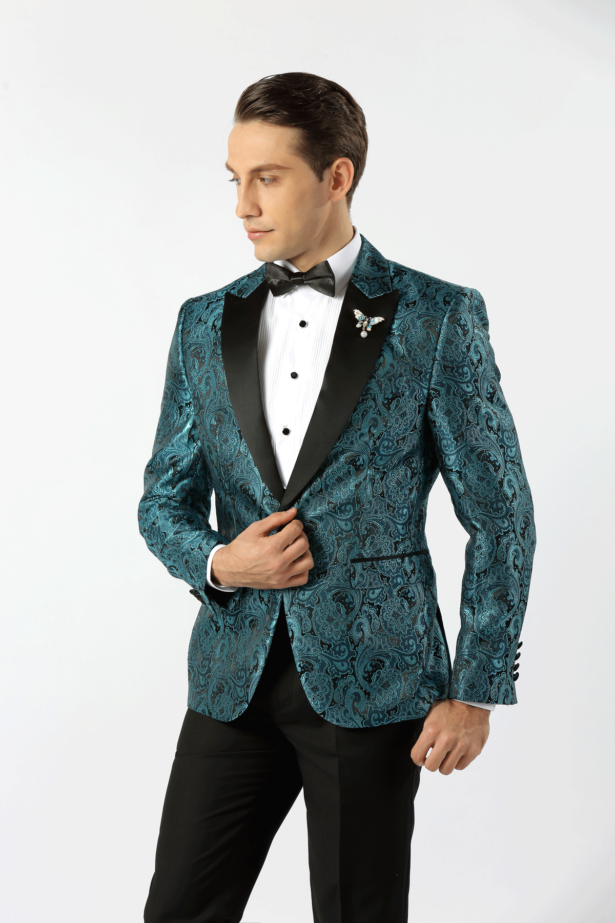 VARCE ROCCO AQUA-BLACK PAISLEY PEAK LAPEL DINNER JACKET