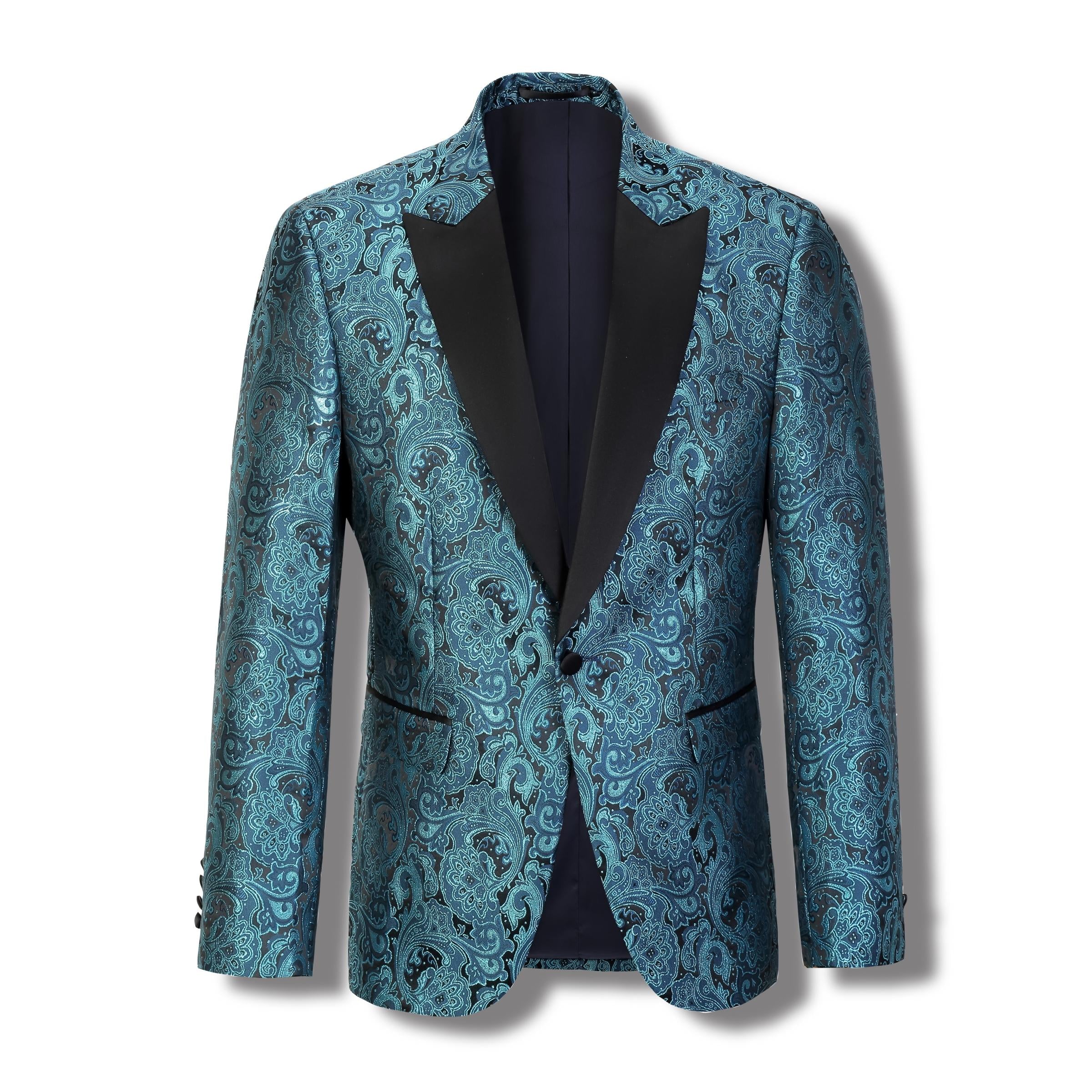 VARCE ROCCO AQUA-BLACK PAISLEY PEAK LAPEL DINNER JACKET